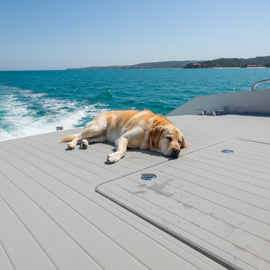Perro descansando sobre una cubierta de espuma EVA en un barco